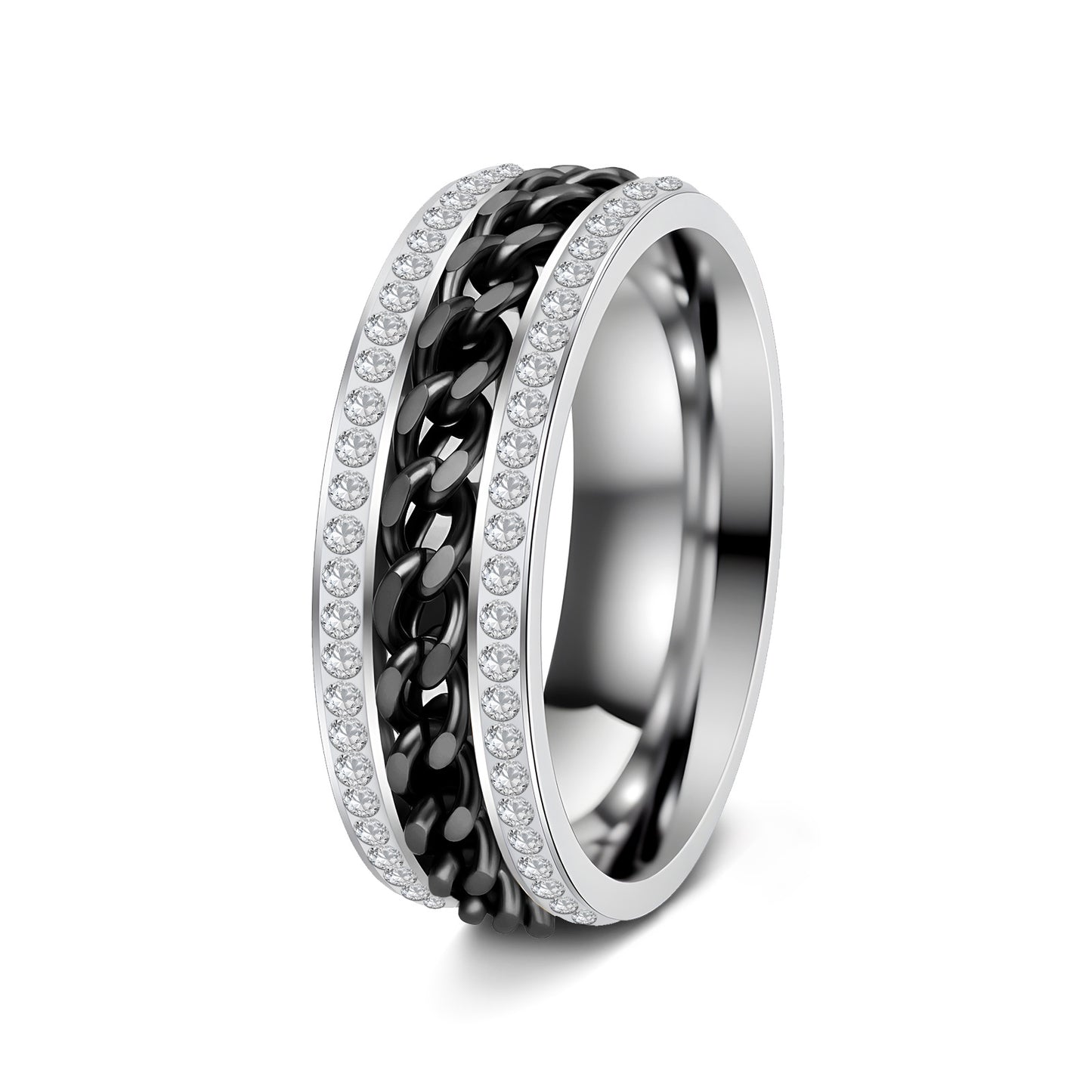 Planderful Everyday Genie Stainless Steel Rotatable Chain Double Row Zircon Couple Ring For Unisex