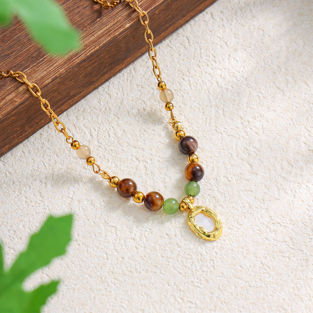 Vacation Gravel Pendant Beaded Collarbone Chain Retro Colored Gemstone Stainless Steel Neck Necklace