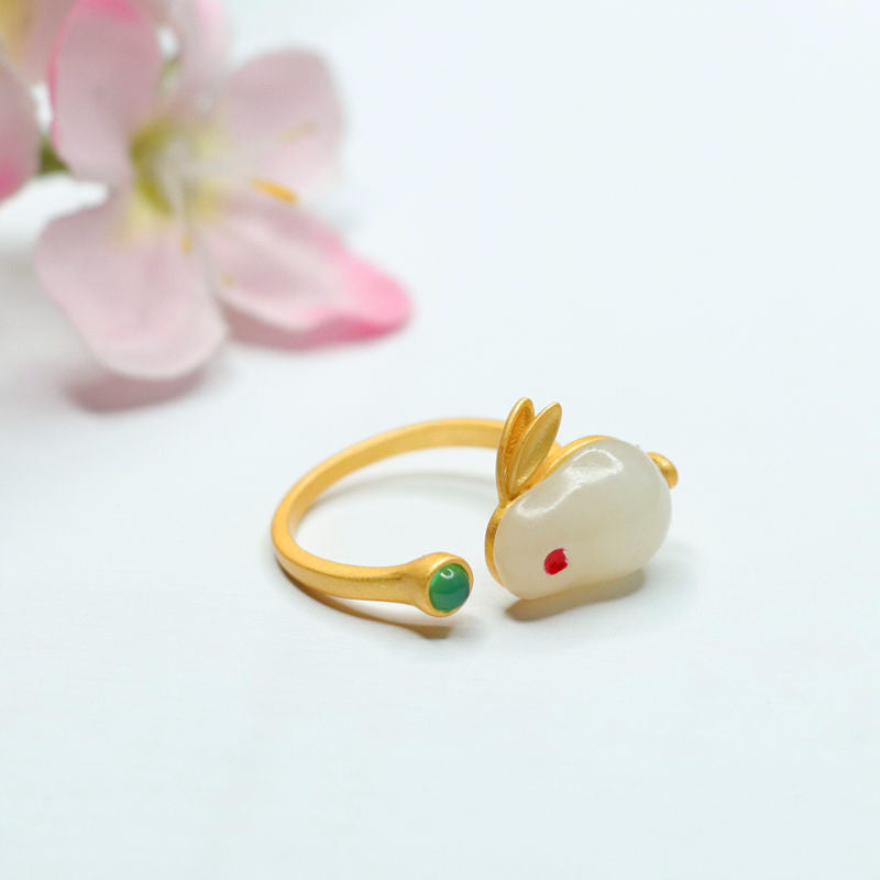 White Hetian Jade Rabbit 925 Silver Ring