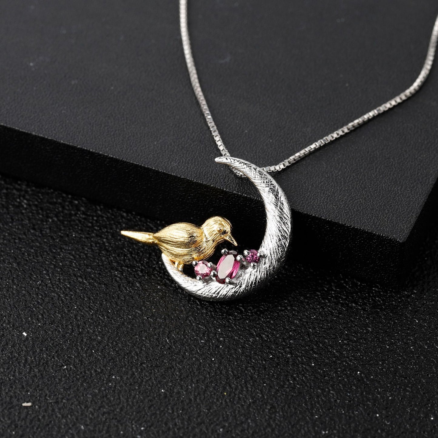 Bird on Crescent Moon Natural Gemstones Silver Necklace