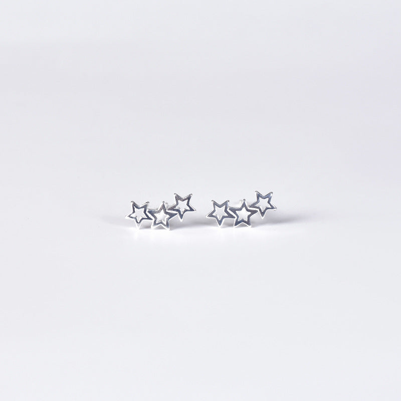 Row of Three Hollow Stars Sterling Silver Stud Earrings