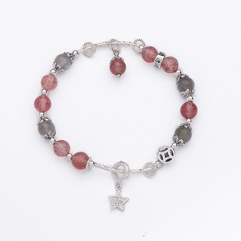 Strawberry Crystal Sterling Silver Bracelet with Stars and Moon Design