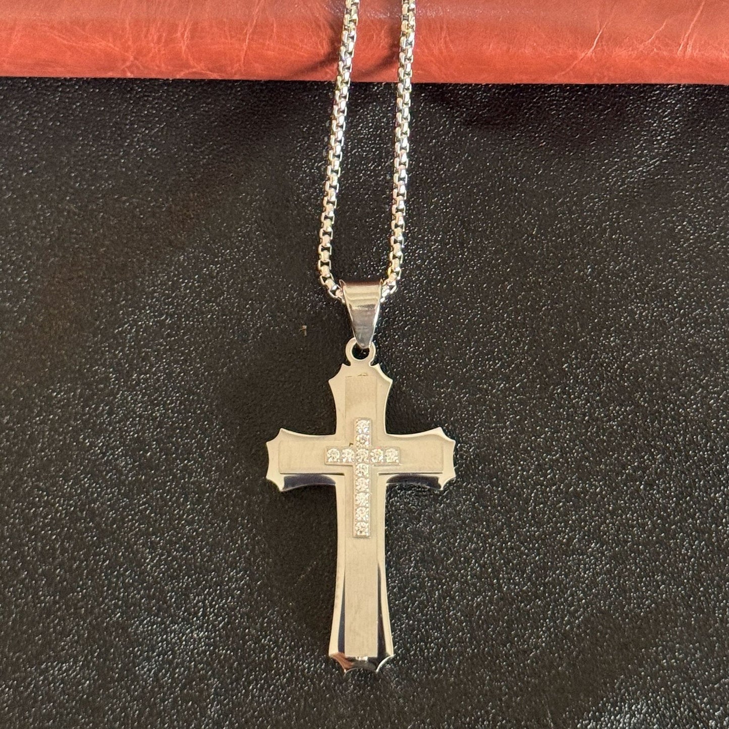 Planderful Titanium Steel Cross Pendant With Zircon Inlay 3D Three Layer Mens Stainless Necklace Punk European Style