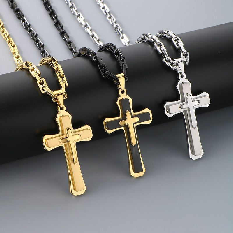 Planderful Men Cross Necklace Bamboo ThreeLayer Titanium