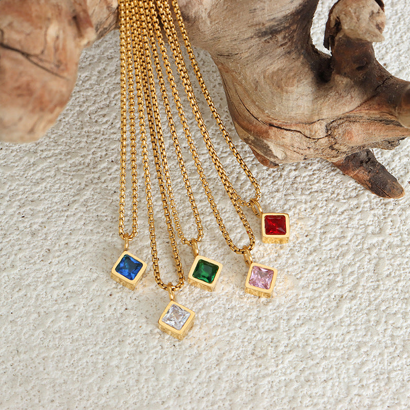 Retro Square Zircon Pendant Necklace with Titanium Steel Gemstones