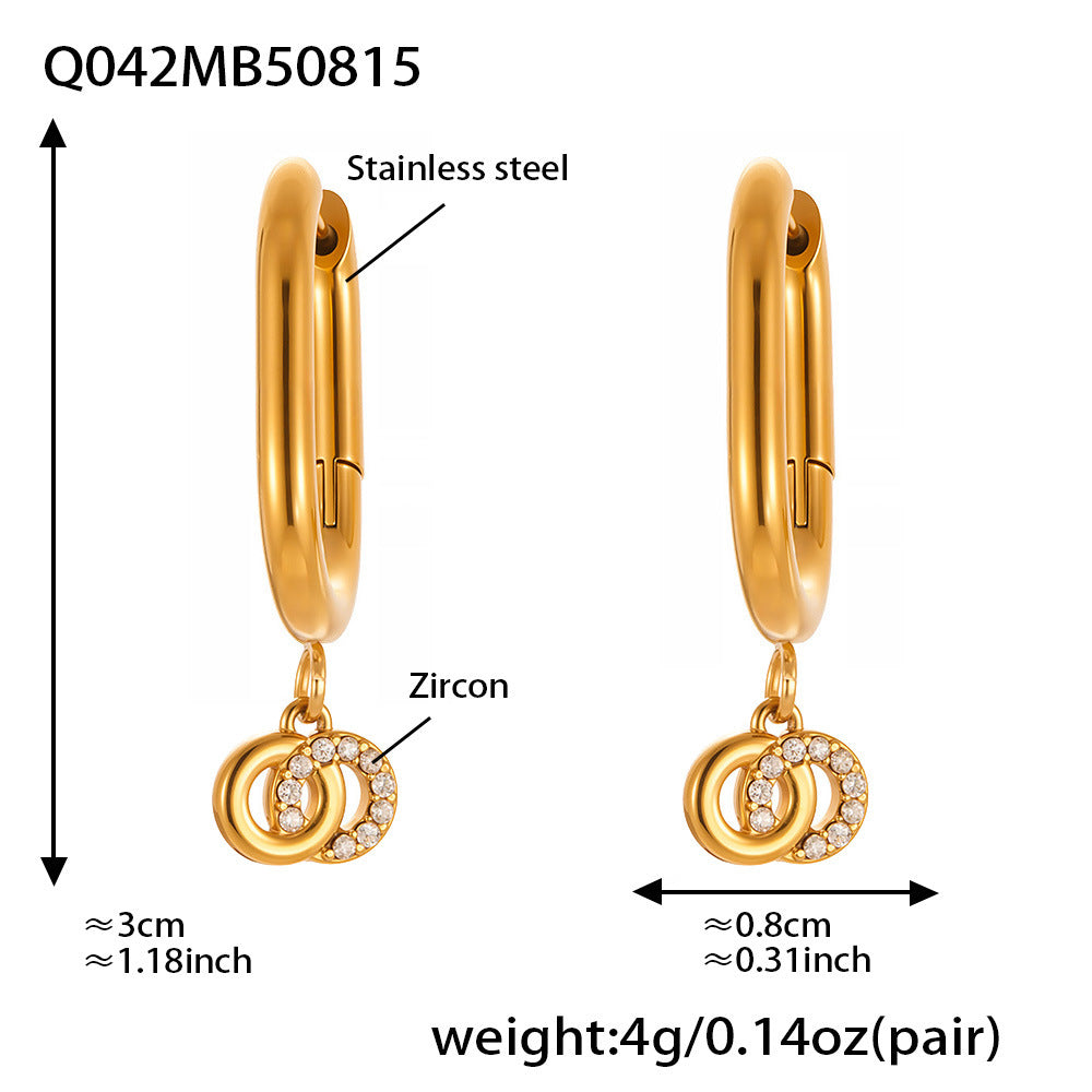 Planderful Zircon Earrings Titanium Steel Double Ring Women