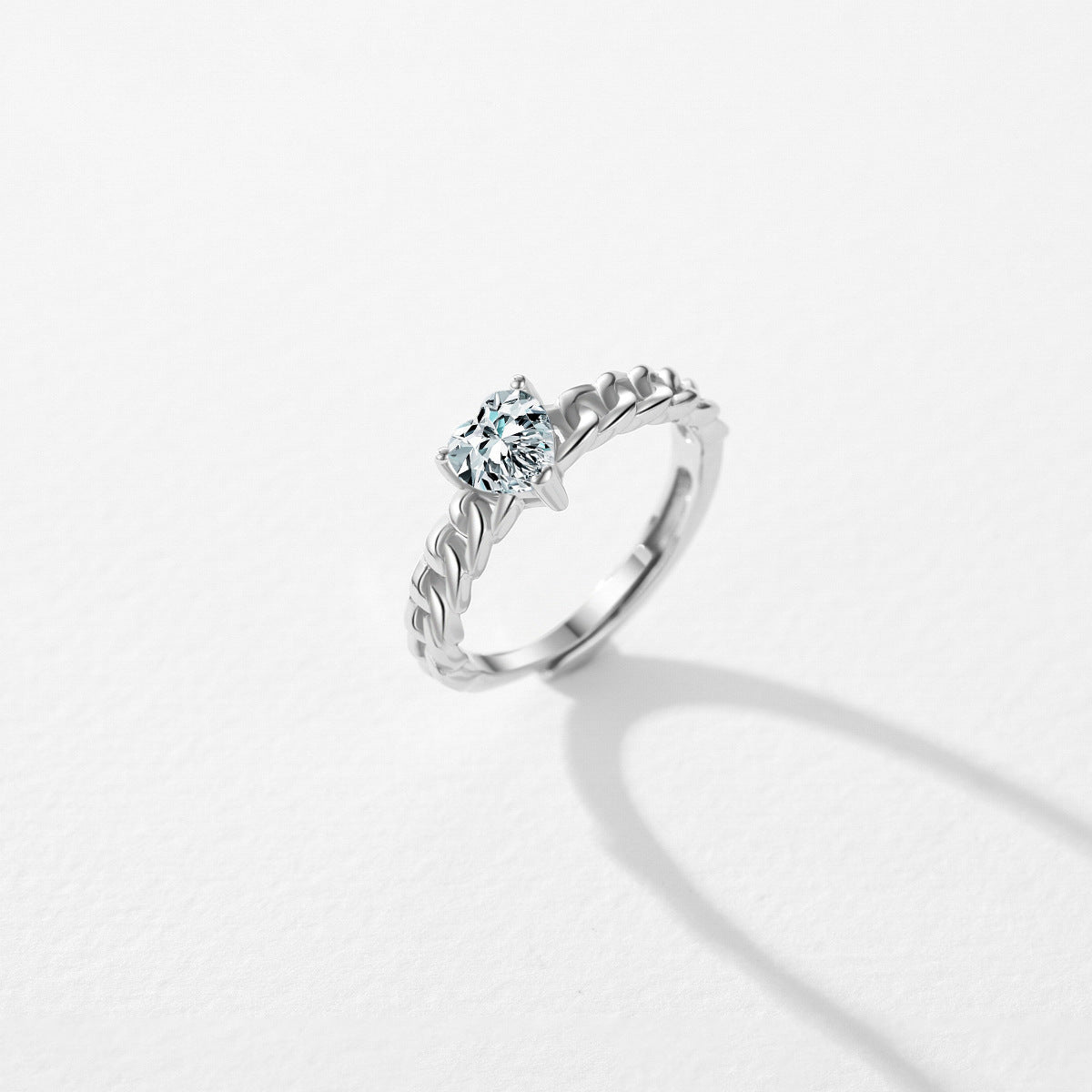 Simple Adjustable Sterling Silver Heart Ring with Zircon Inlay for Women