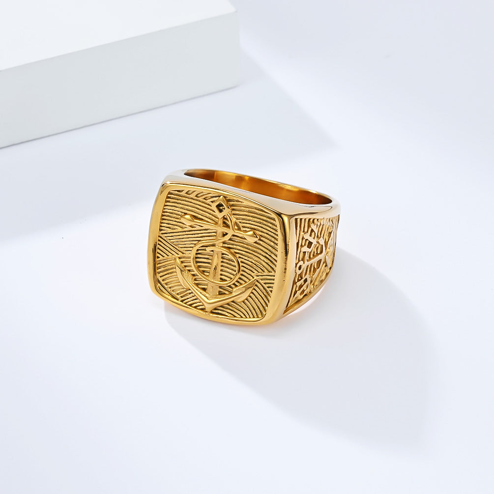 Planderful For Men Ring Anchor Rudder Steel Personalized