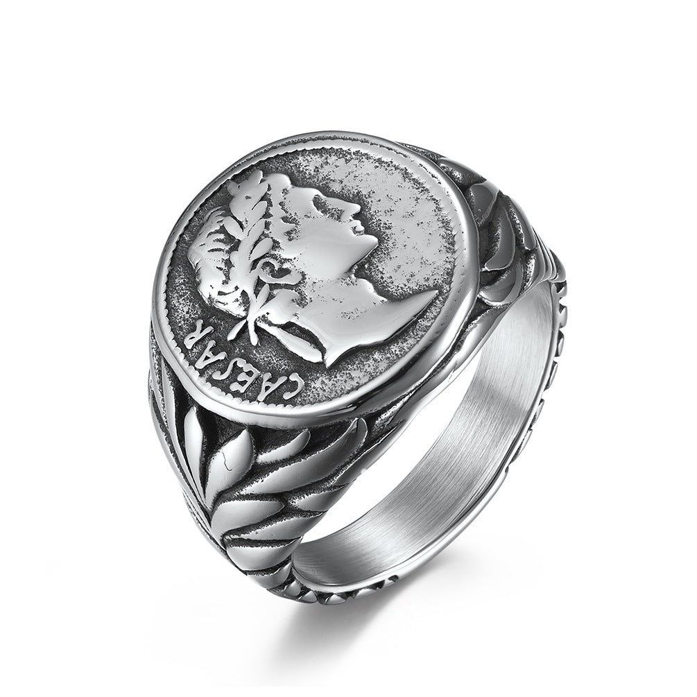 European And American Style Roman Empire Julius Caesar Stainless Steel Ring, Retro Coin Caesar Head Hipster Jewelry For Men