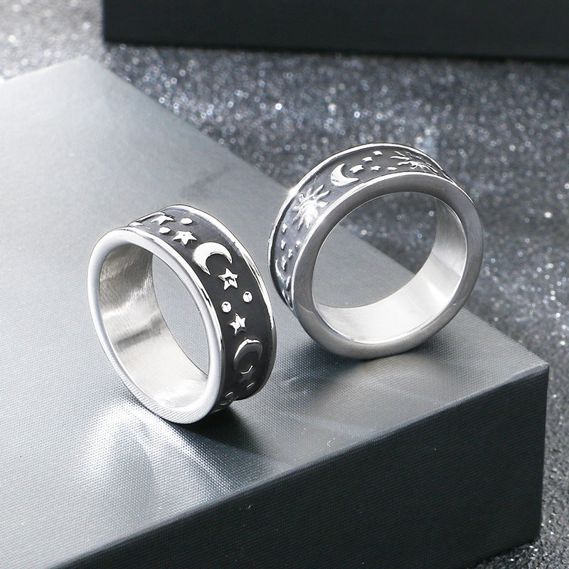 Retro Sun And Moon Tonghui Stainless Steel Ring, Punk Cross Star Moon Stainless