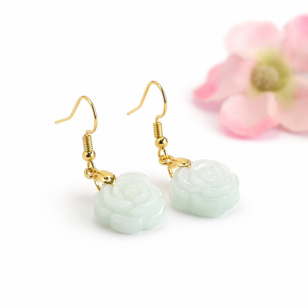 Jadeite Rose Flower Hook Earrings