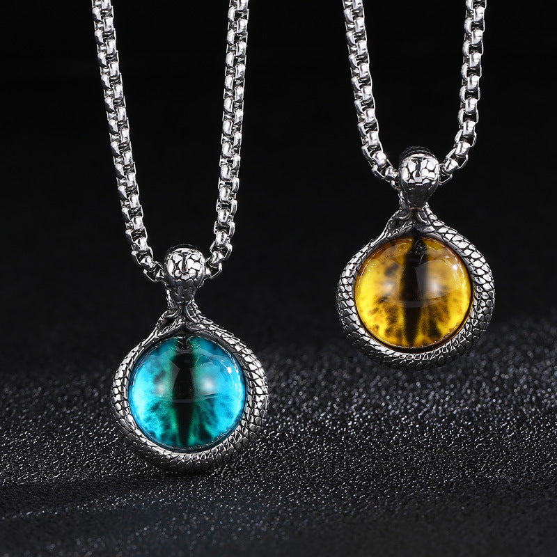 Trendy European and American Street Style Snake Inlaid Tiger's Eye Titanium Steel Men's Pendant