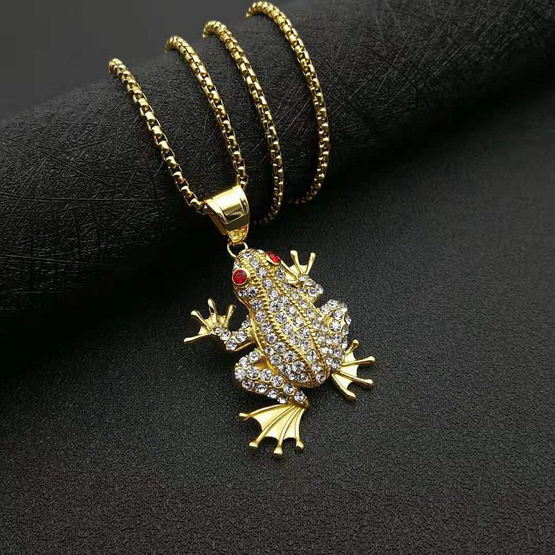 Planderful Hip Hop Necklace Stainless Steel Gold Plated Zircon Red Eyed Frog Pendant For Urban Fashion Fans