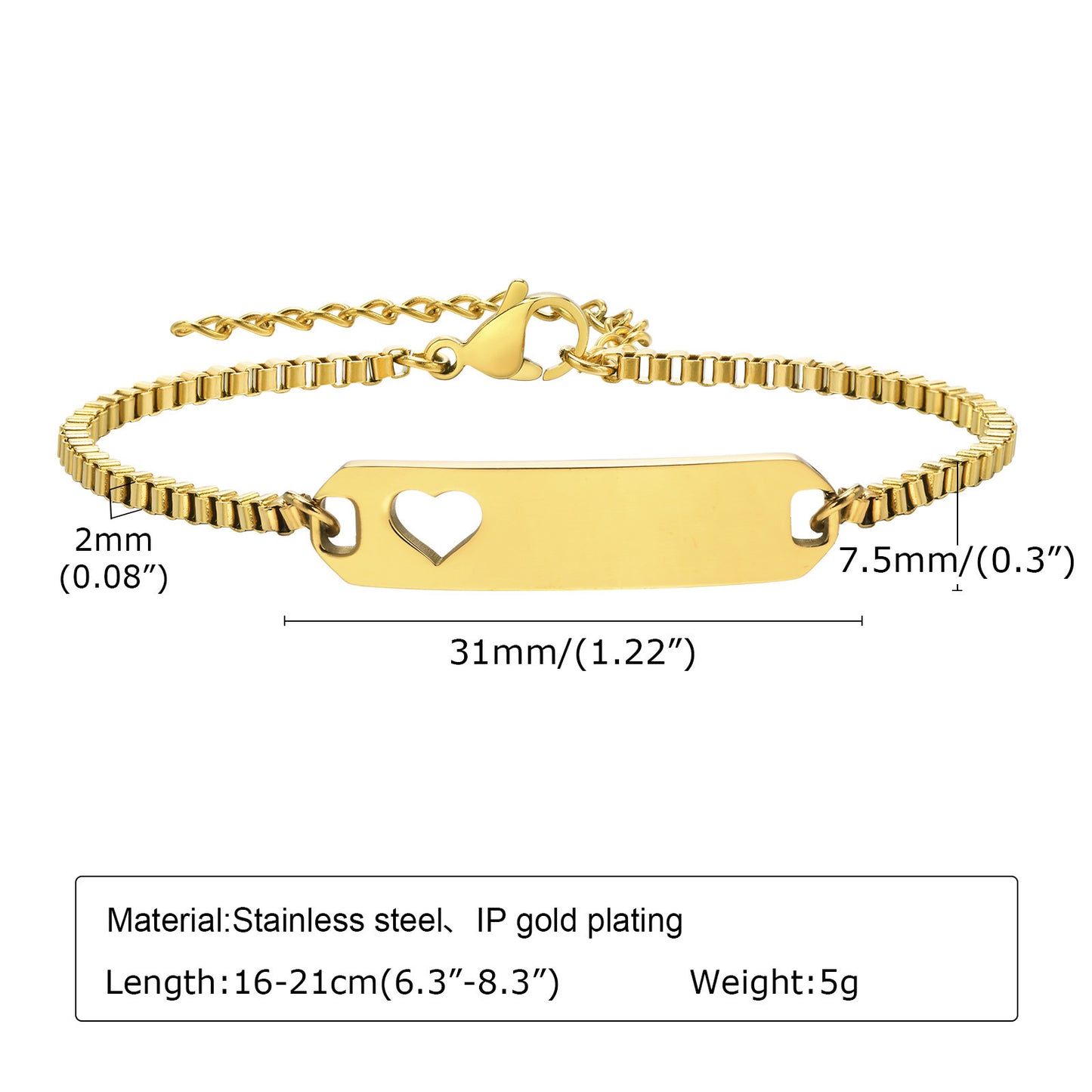 Personalized Simple Stainless Steel Curved Box Chain Bracelet