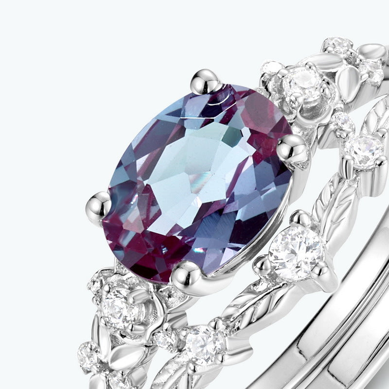 Planderful Jewelry Sterling Silver Alexandrite Ring With Oval Stone And Leaf Zircon Accent