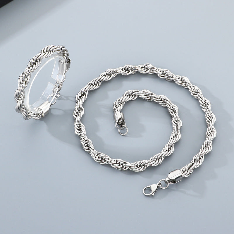 Twisted Rope Bracelet And Necklace Set Stainless Steel Men