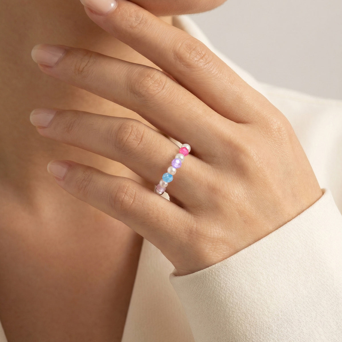 Summer Wear – Dopamine Sense Stainless Steel Imitation Pearl Multicolored Bead Ring