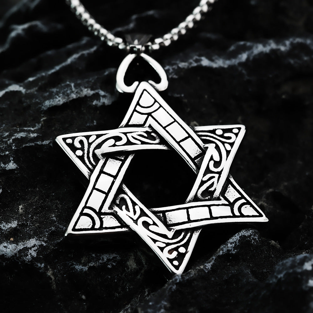 European And American Retro Men's Pendant Stainless Steel Punk Double-Sided Hexagram Necklace