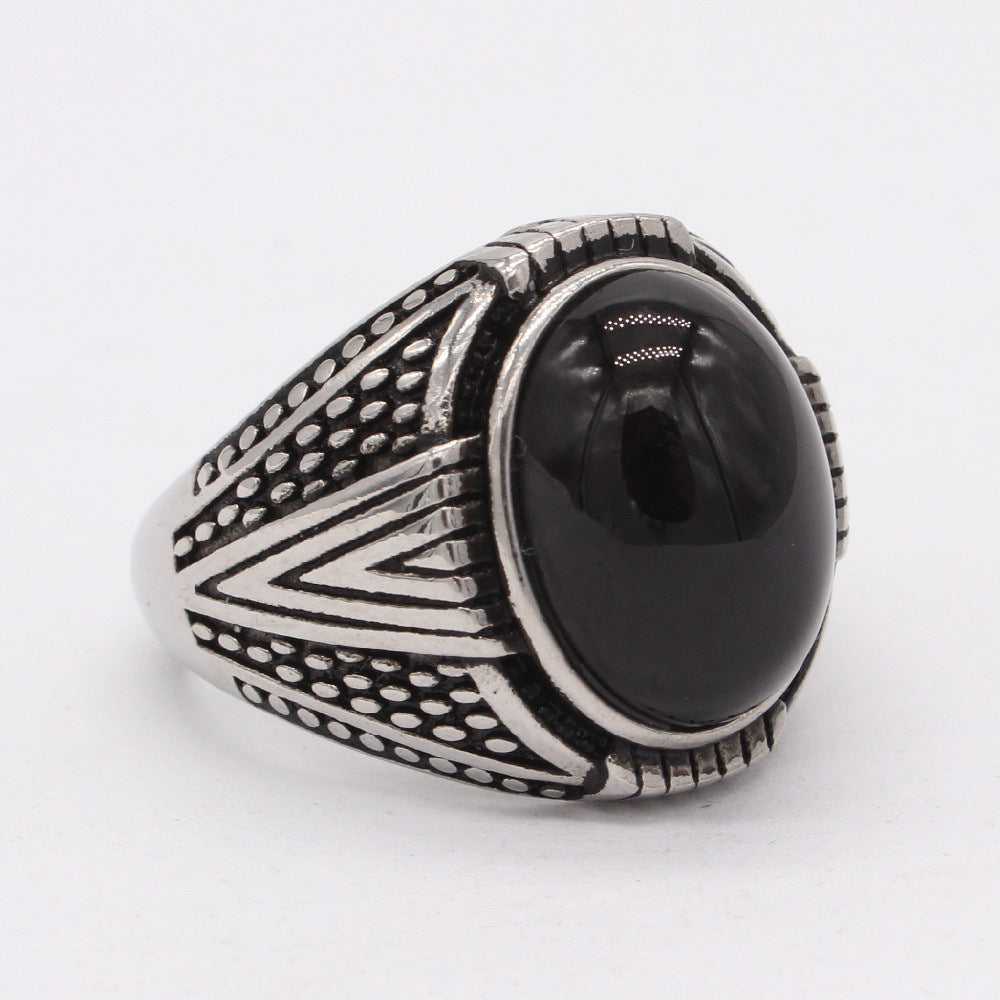 Planderful Titanium Steel Ring Unisex Oval Black Stone