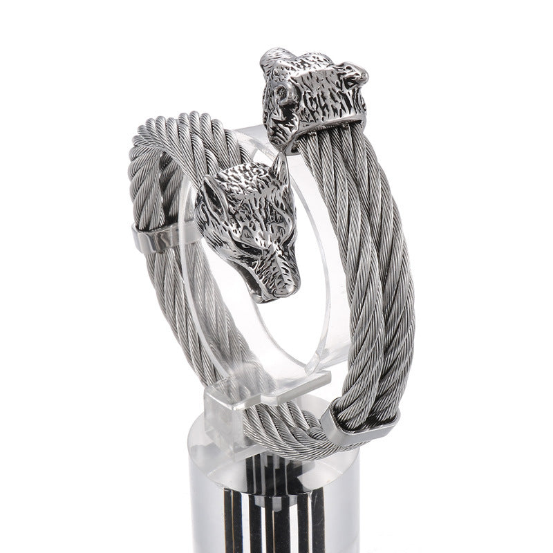Rock Titanium Steel Braided Wire – Punk Electroplated Wolf Head Men's Open Elastic Bracelet