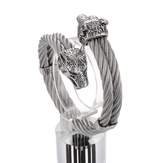Rock Titanium Steel Braided Wire – Punk Electroplated Wolf Head Men's Open Elastic Bracelet