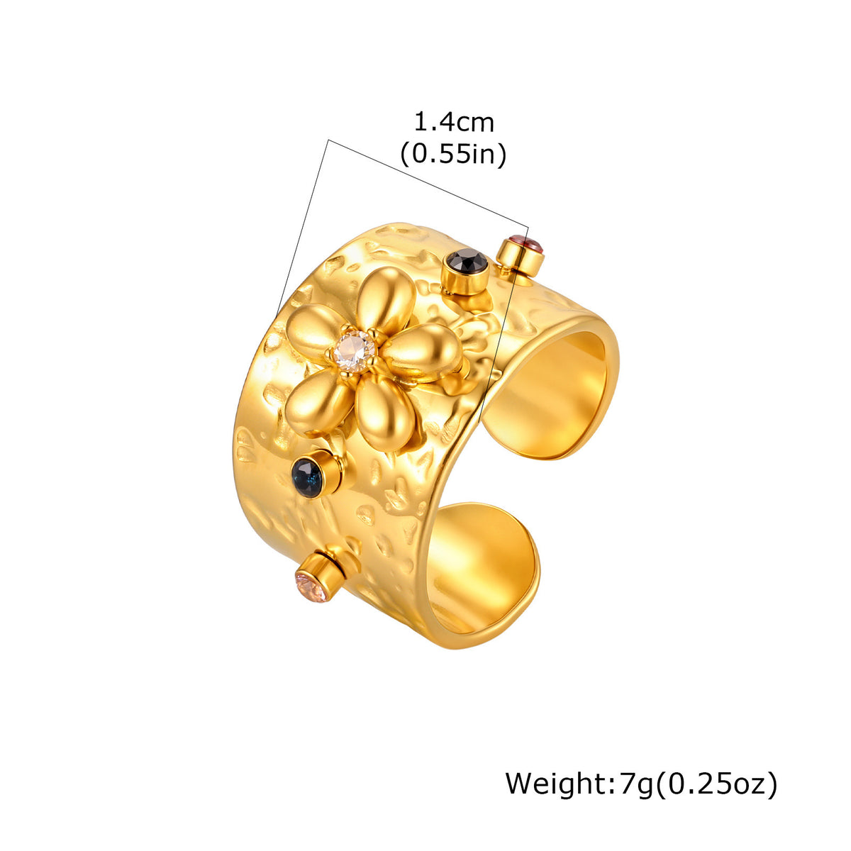 Stainless Steel Wide-Sided Texture Flower Zircon Open Ring Design