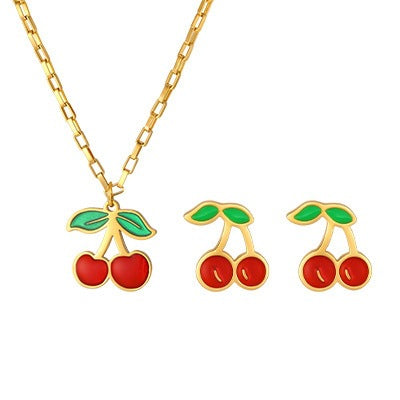 Cute Dopamine Stainless Steel Cherry Stud Earrings Necklace Set Sweet Daily Gift