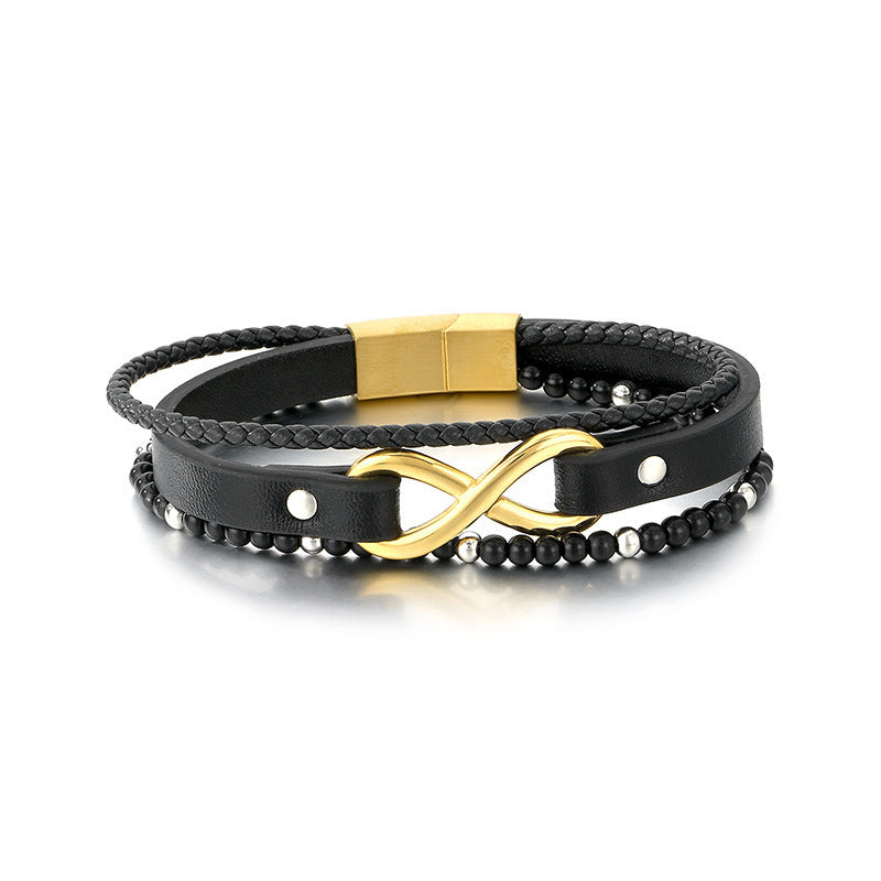 Multi-Layer Woven Leather Rope Men's Bracelet – Titanium Steel Figure-Eight Infinity