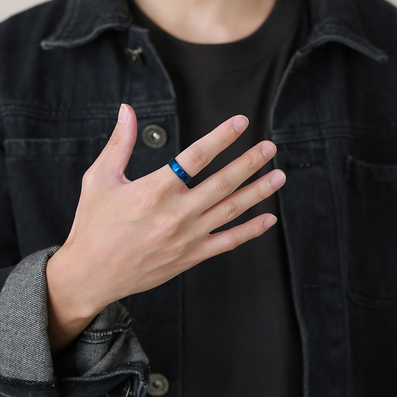 Glossy Ring 6mm Blue Gold Black Titanium Steel Ring Wholesale