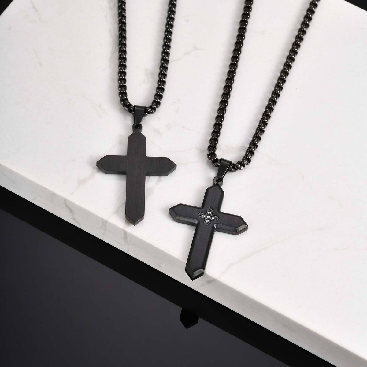 Unisex Classic Stainless Steel Inlaid Zircon Sand Surface Cross Pendant Square Pearl