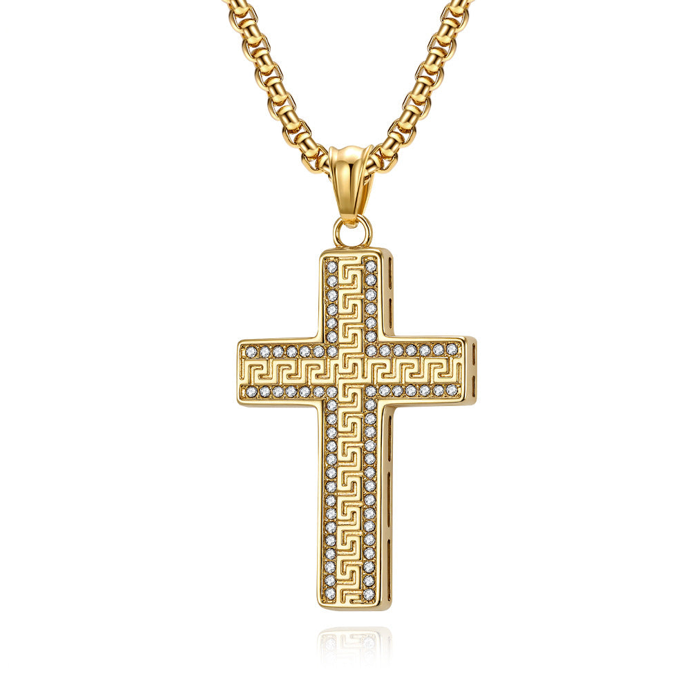 Planderful Cross Necklace For Men With Full Zircon European American Great Wall Pattern Hip Hop Pendant