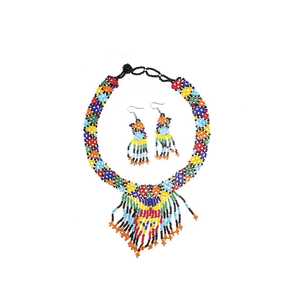 Three-Piece African-Inspired Rice Bead Necklace Set with Elastic Design