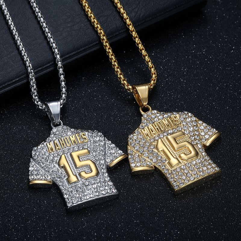 Planderful Premium Hip Hop Necklace Titanium Steel Gold Plated Zircon NFL Jersey Pendant No 15 for Fans
