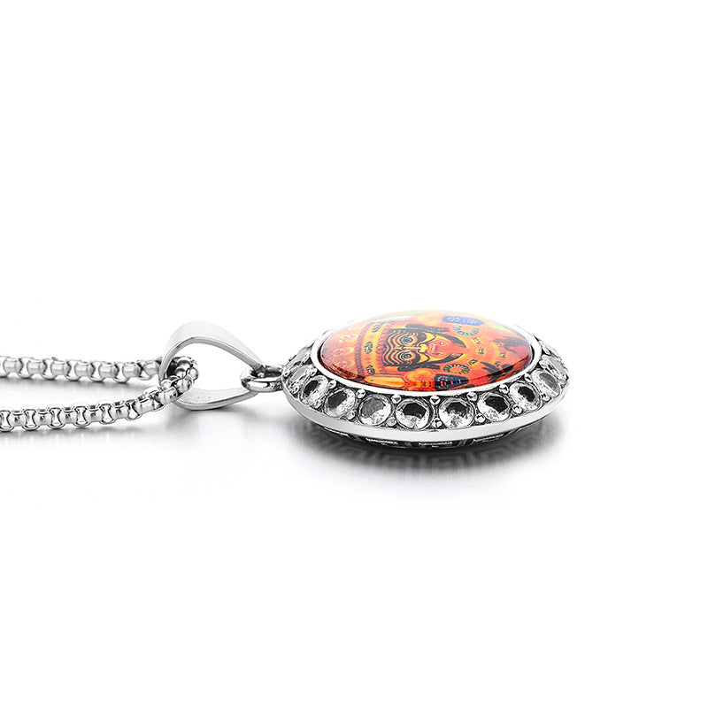 Steel Necklace - Elegant Chinese Amulet Pendant With Zircon Inlay Temple Fair Style