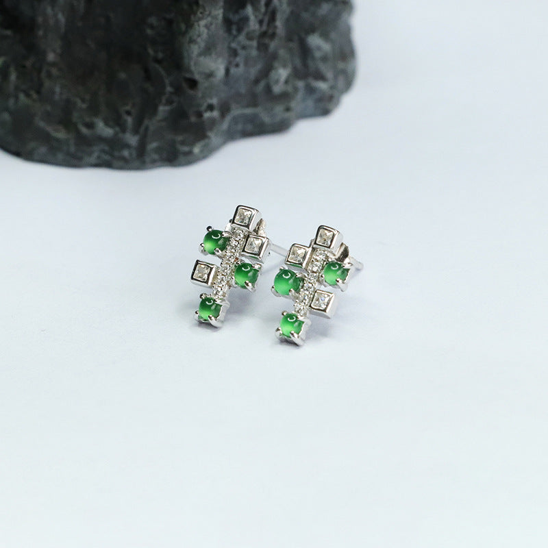 Icy Green Jadeite Cabochon 925 Silver Stud Earrings