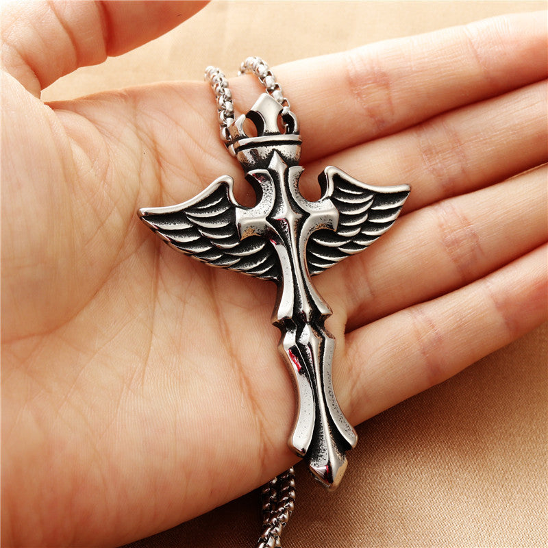 Titanium Steel Cross Pendant Necklace - Personalized Retro Punk Wing Design for Men