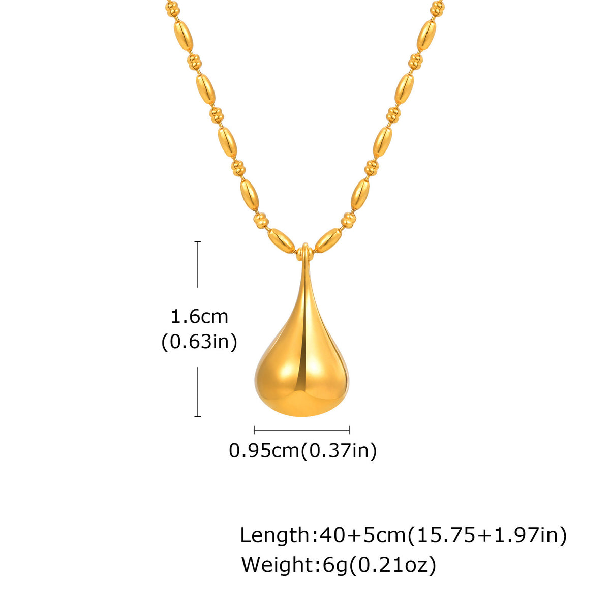 Stainless Steel Rice Bead Separator Chain Water Drop Pendant Necklace Gold Women's