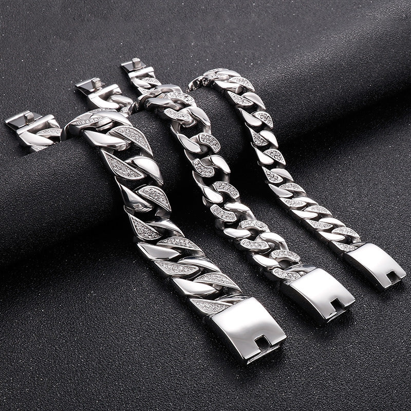 Korea Dongdaemun Glossy – Generous Titanium Steel Men's Zircon Cuban Chain Bracelet