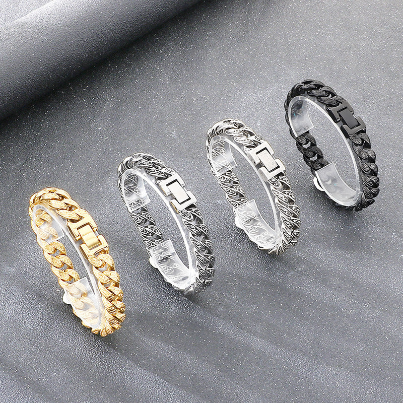 Cast Pattern – Punk Style 13mm Tang Grass Pattern Cuban Chain Titanium Steel Men's Bracelet