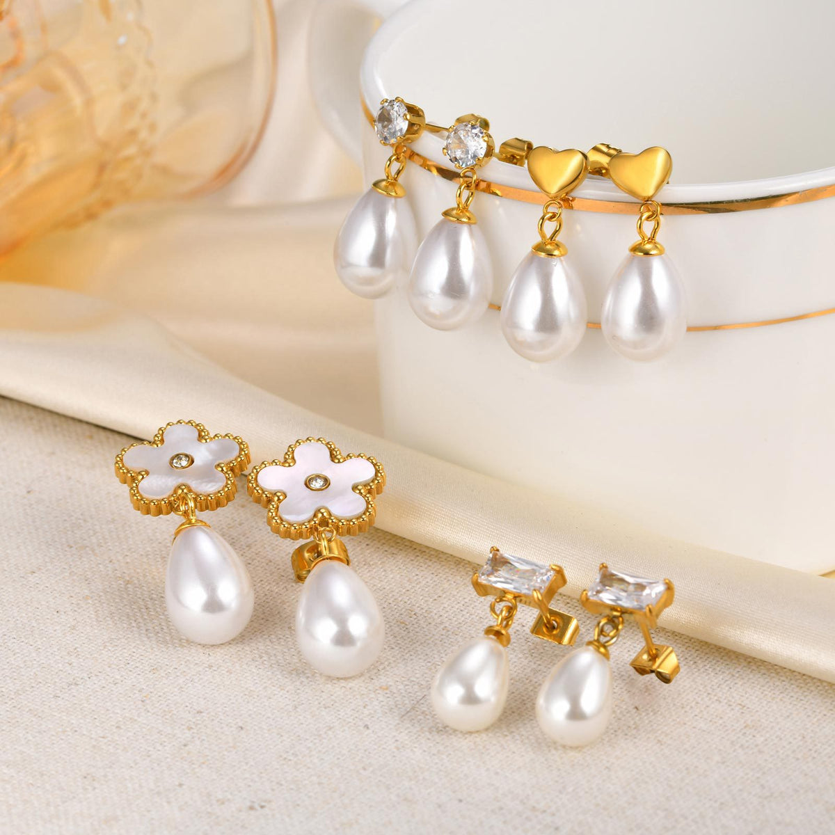 Stainless Steel Zircon Pearl Floral Earrings