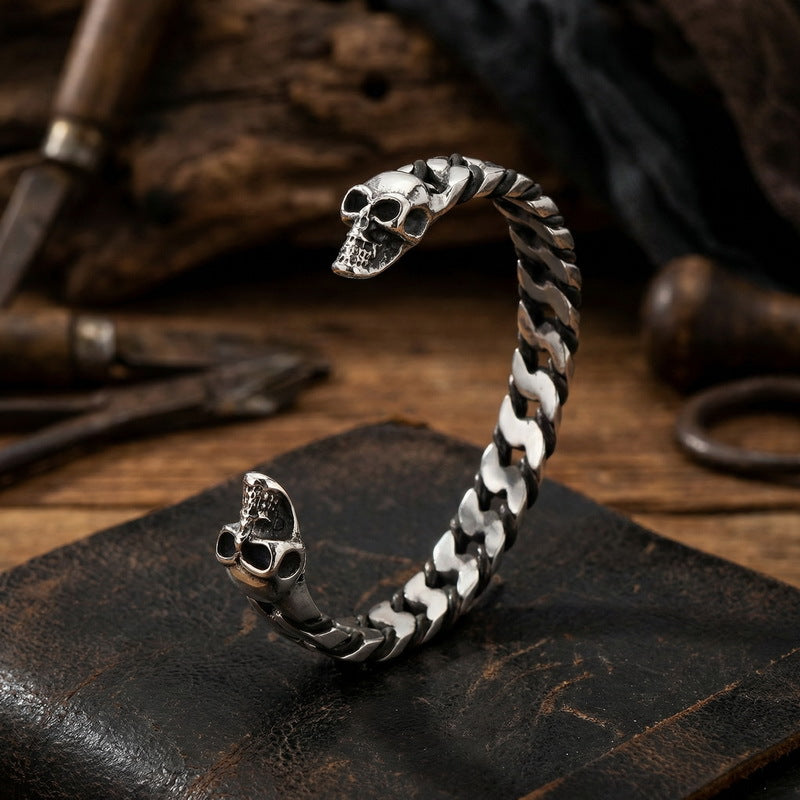 Skull Men's Woven Leather Bracelet – Stainless Steel