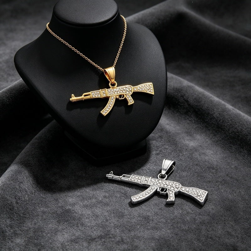 Hip Hop Street Hardcore Military Wind Submachine Gun Shape Pendant Punk Gi Stainless Necklace
