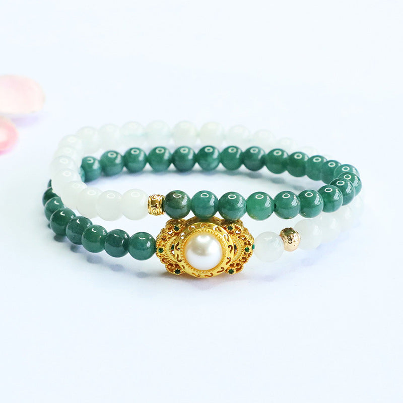 Blue Water Jadeite Golden Silk Jade & Double-Wrap Beaded Bracelet