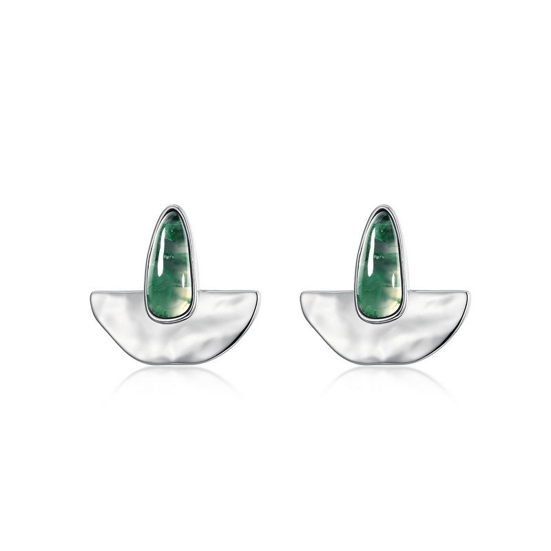 S925 Sterling Silver Moss Agate Minimalist Stud Earrings