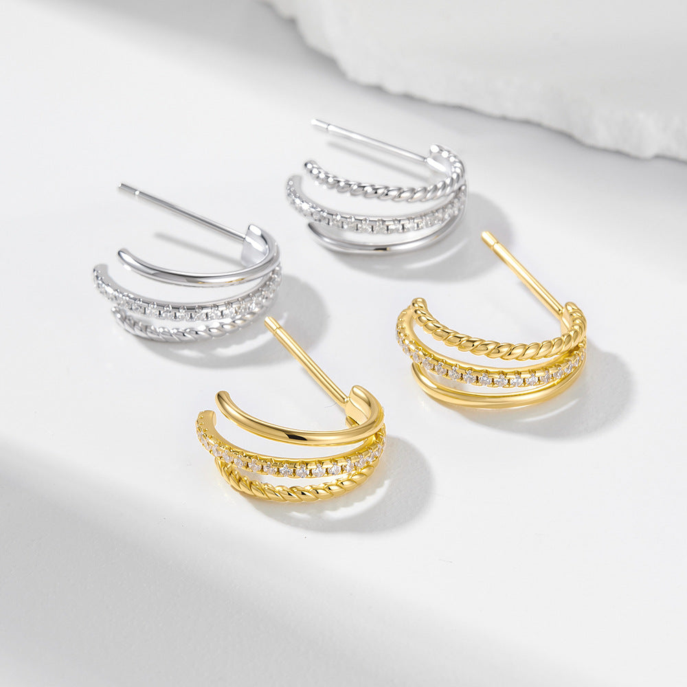 S925 Sterling Silver C-Shaped Hollow Zircon Stud Earrings