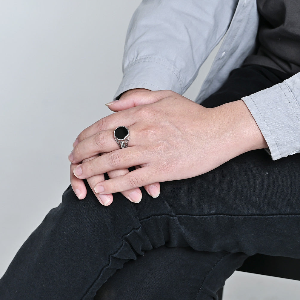 Planderful Mens Geometric Titanium Steel Ring With Black Gem Inlay For Modern Luxury Jewelry