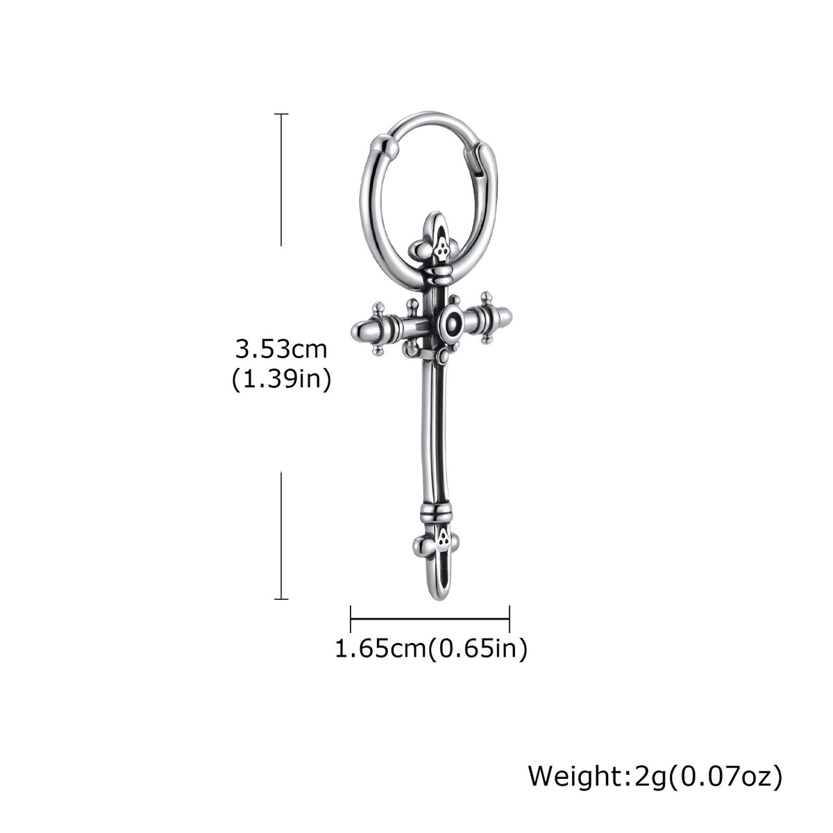 Antique-Silver Ornate Cross Hoop Earring — Single