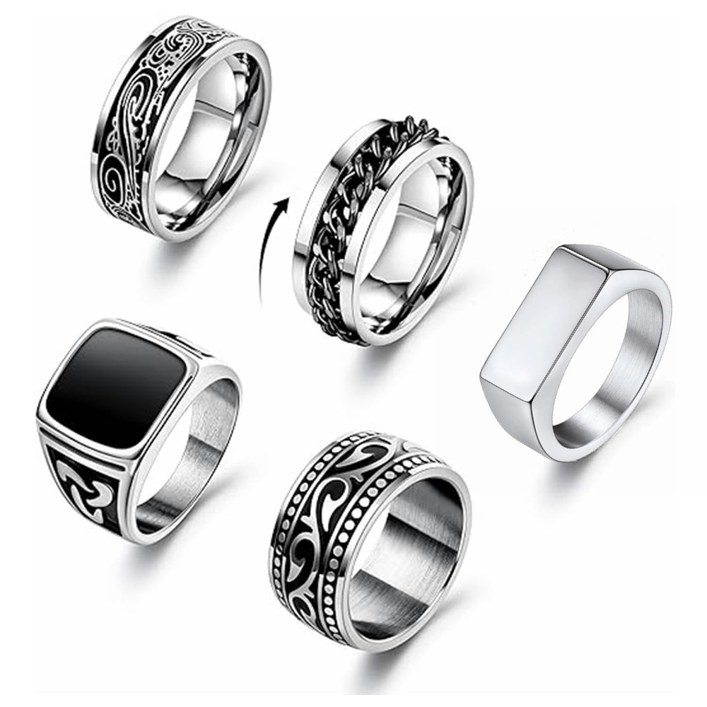 Planderful Everyday Genie Titanium Steel Chain Ring Set Unisex Rotating Five Piece Jewelry