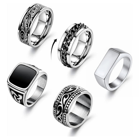 Planderful Everyday Genie Titanium Steel Chain Ring Set Unisex Rotating Five Piece Jewelry
