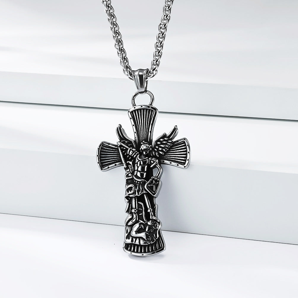 St Michael Archangel Cross Necklace Titanium Steel Pendant Unisex Protection Planderful Collection